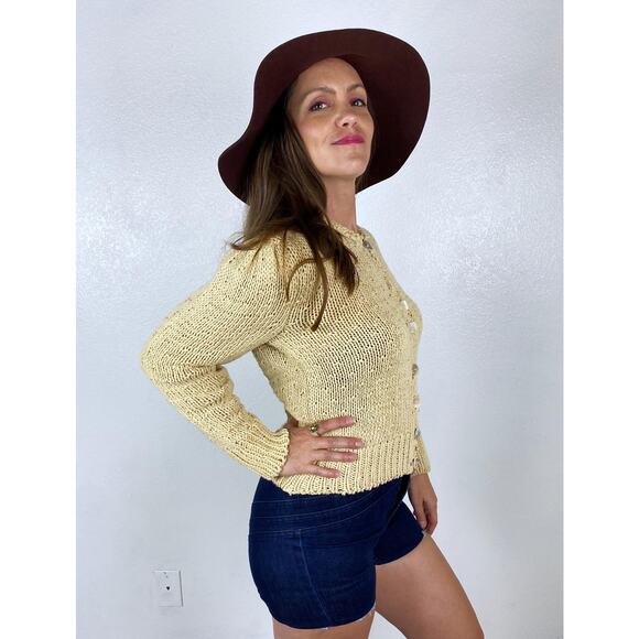 vintage 80s Beige PUFF SLEEVE Collared CARDIGAN S/Md sweater peasant Oktoberfest - Picture 3 of 10